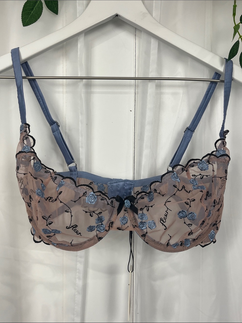 Fleur due mal Underwire Bra 34F Beige Blue Floral Print Adj Straps & Band NWT